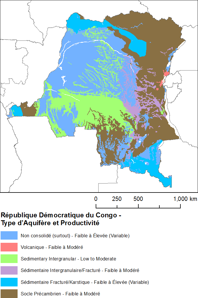 Carte hydrogéologique de la RDC : types d'aquifères et productivité des nappes